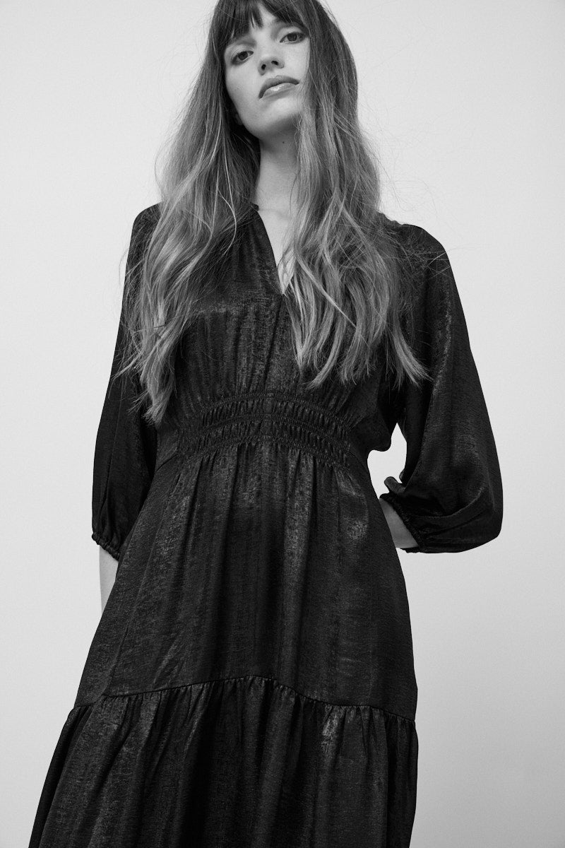 knee length dresses for ladies 3/4 Sleeves Holiday Midi Dress Black / L