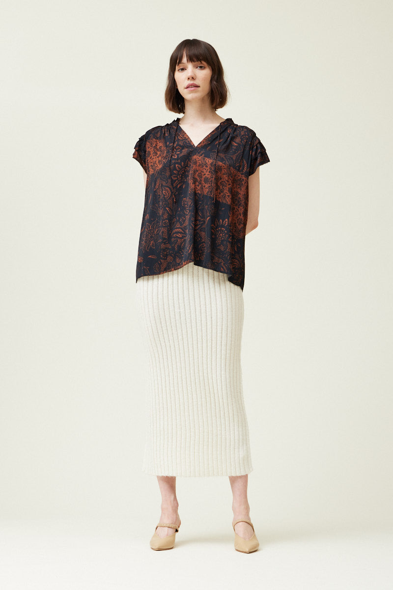 Patchwork Printed Ruffle Sleeve Blouse