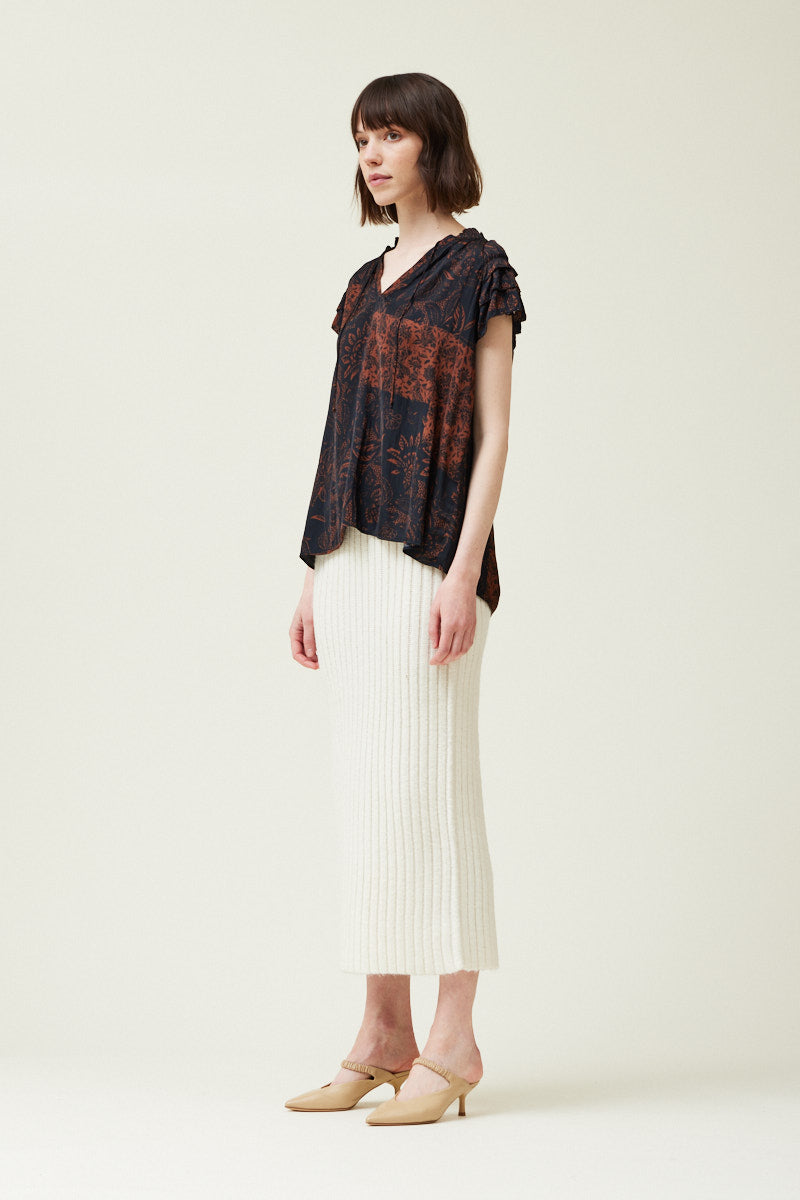 Patchwork Printed Ruffle Sleeve Blouse