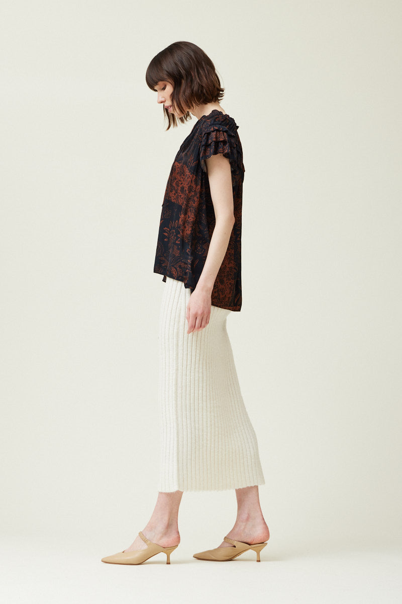 Patchwork Printed Ruffle Sleeve Blouse