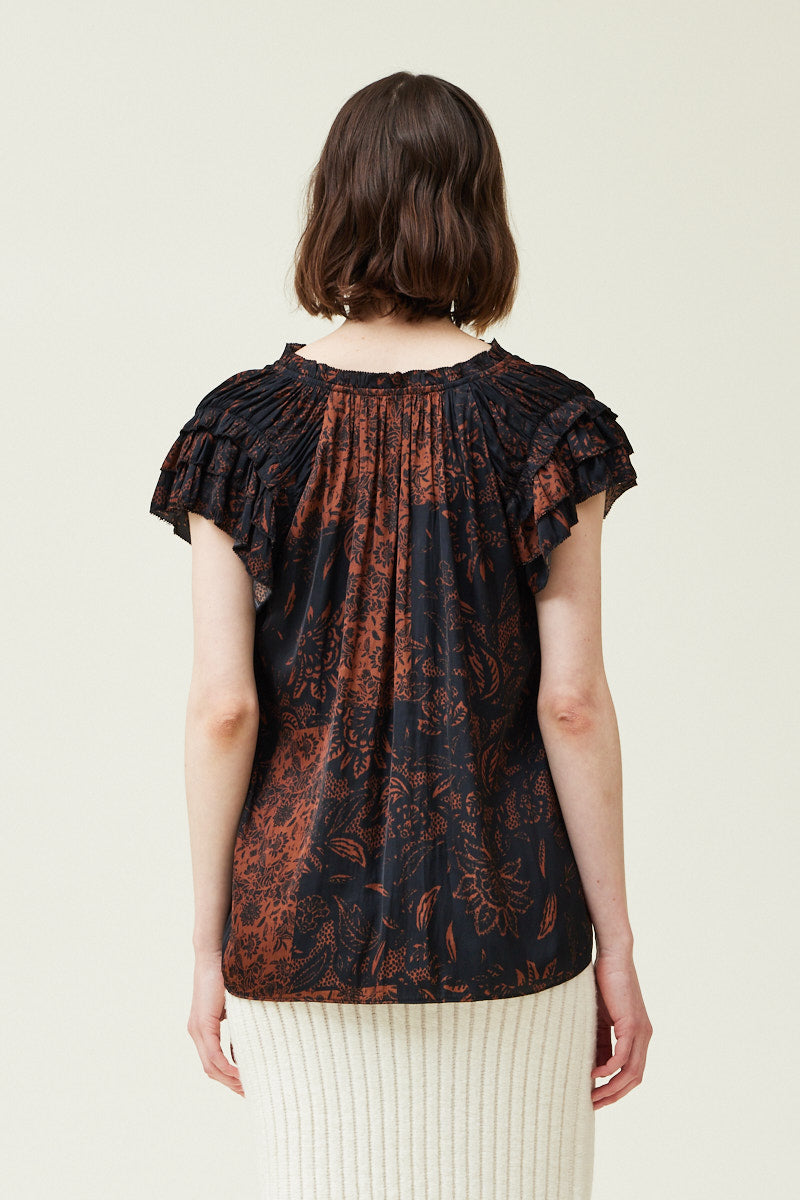 Patchwork Printed Ruffle Sleeve Blouse