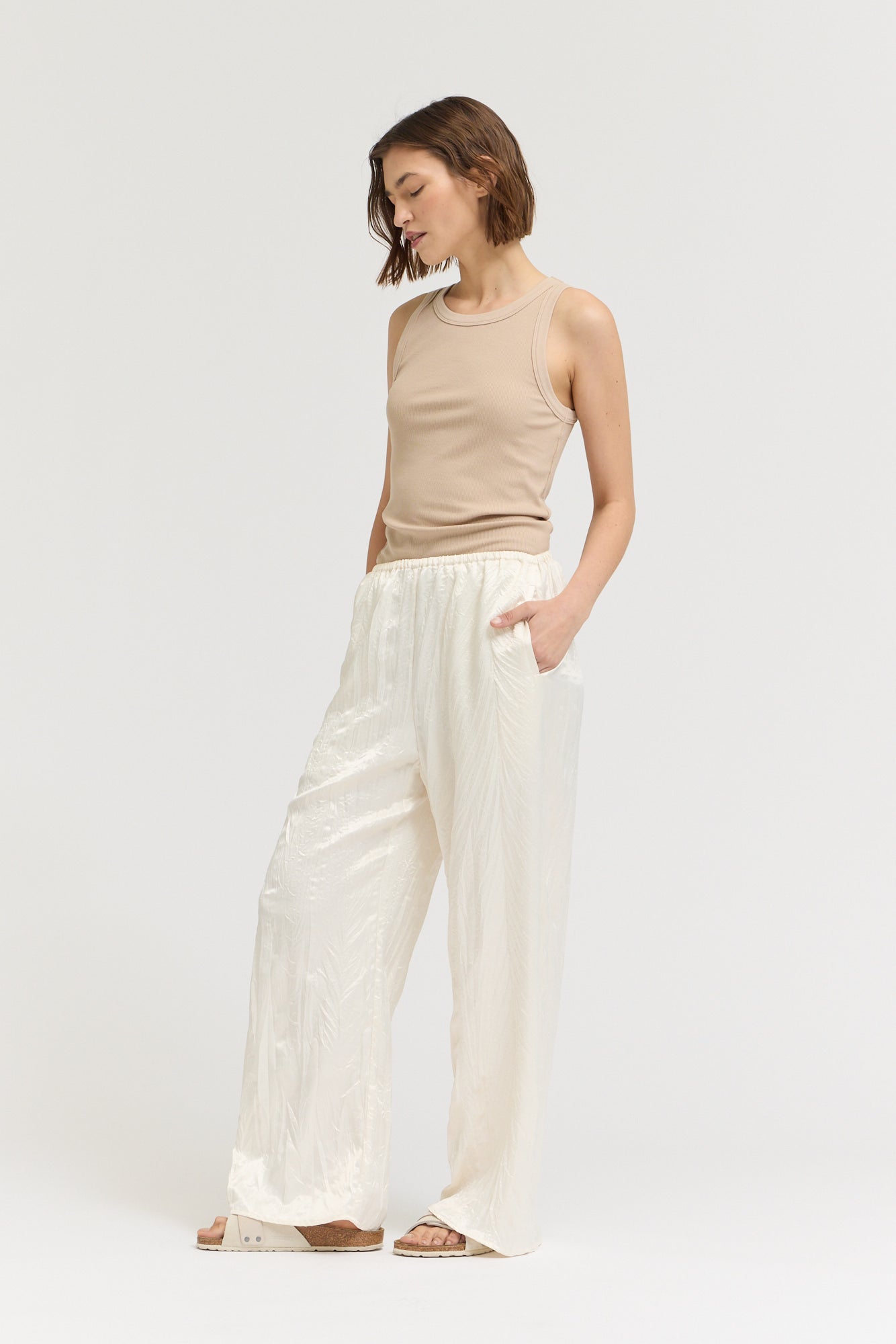 Wrinkle Satin Relaxed Fit Pants in Cream