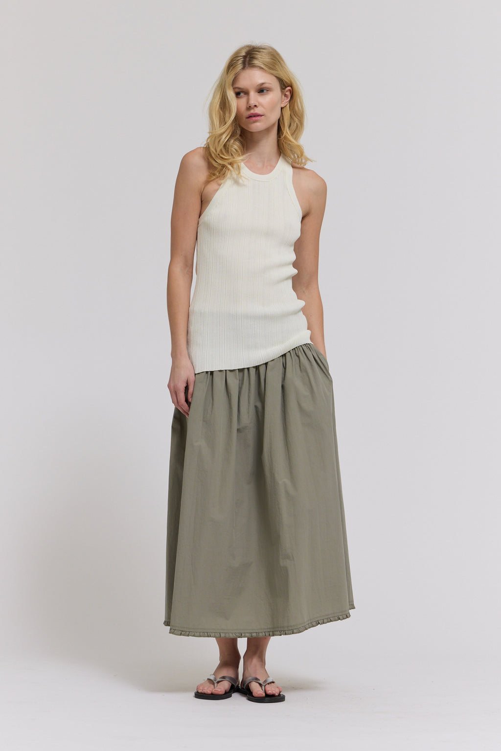 Eyelet Trim Detailed Smocking Waist Skirt in Dry Herb