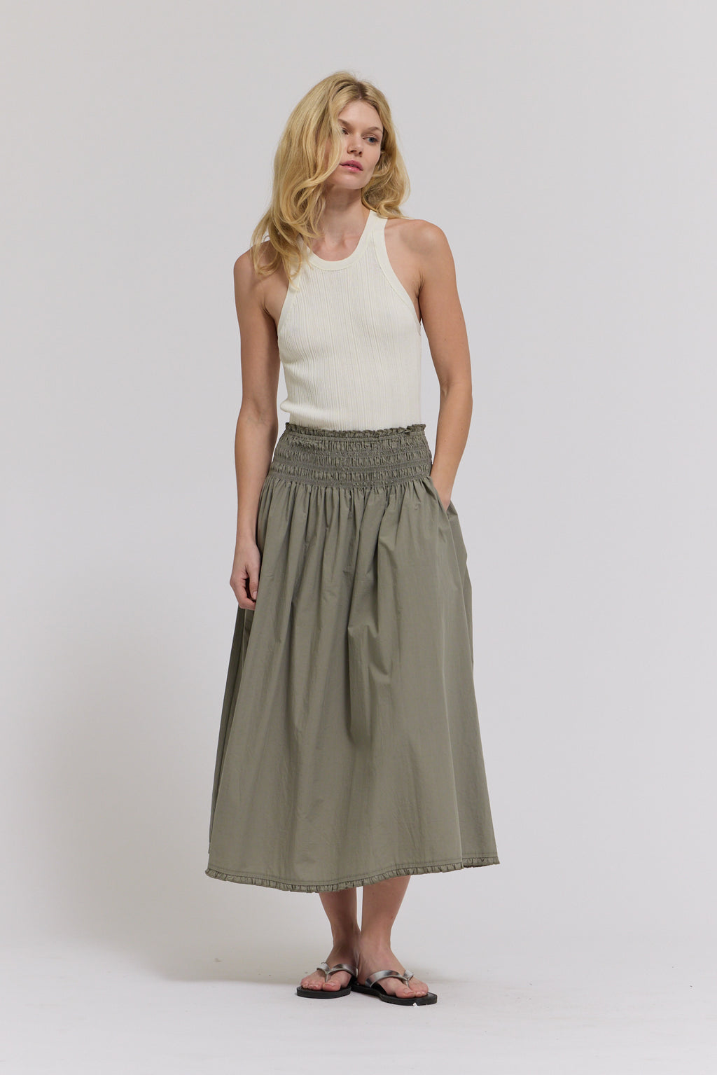 Eyelet Trim Detailed Smocking Waist Skirt in Dry Herb