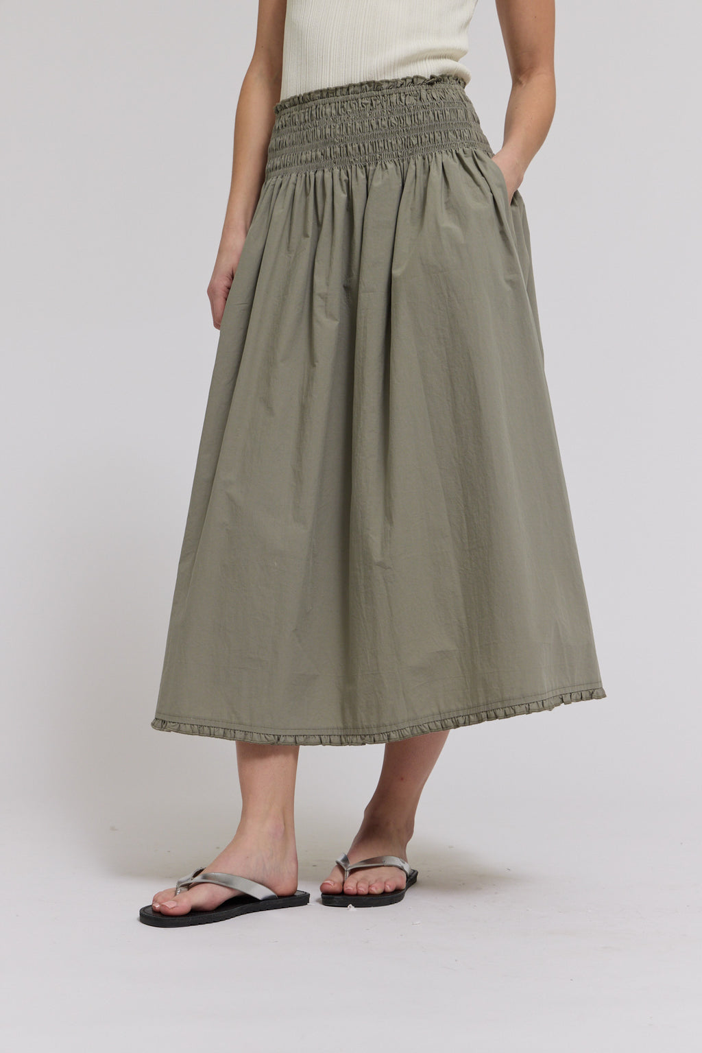 Eyelet Trim Detailed Smocking Waist Skirt in Dry Herb