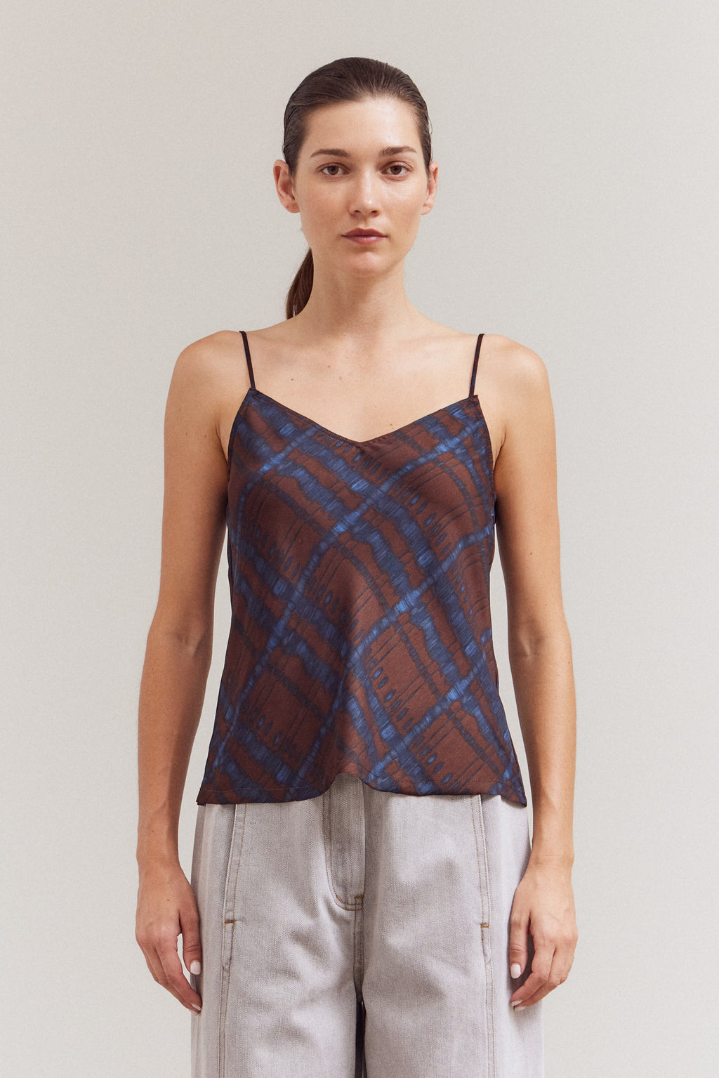 Printed Bias Satin Raw Edge Tank