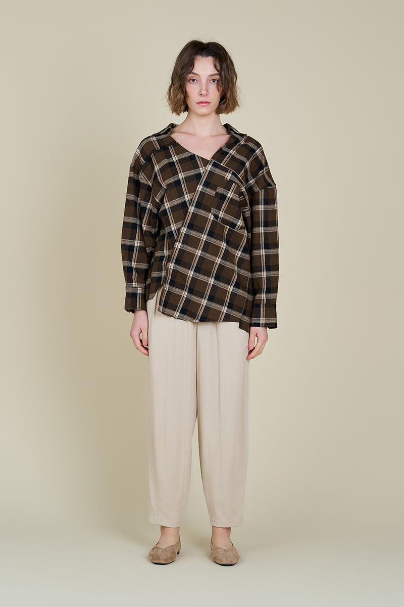 Unbalanced Off The Shoulder Plaid Shirt in Chocolate