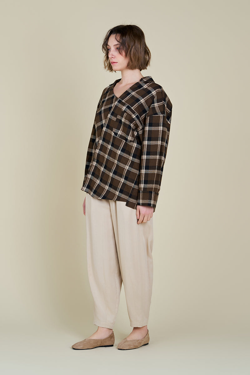 Unbalanced Off The Shoulder Plaid Shirt in Chocolate