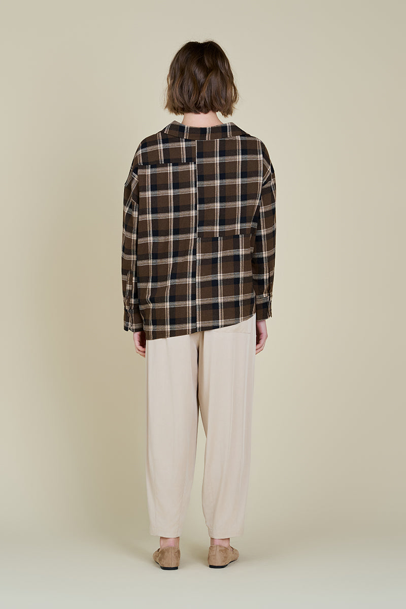 Unbalanced Off The Shoulder Plaid Shirt in Chocolate
