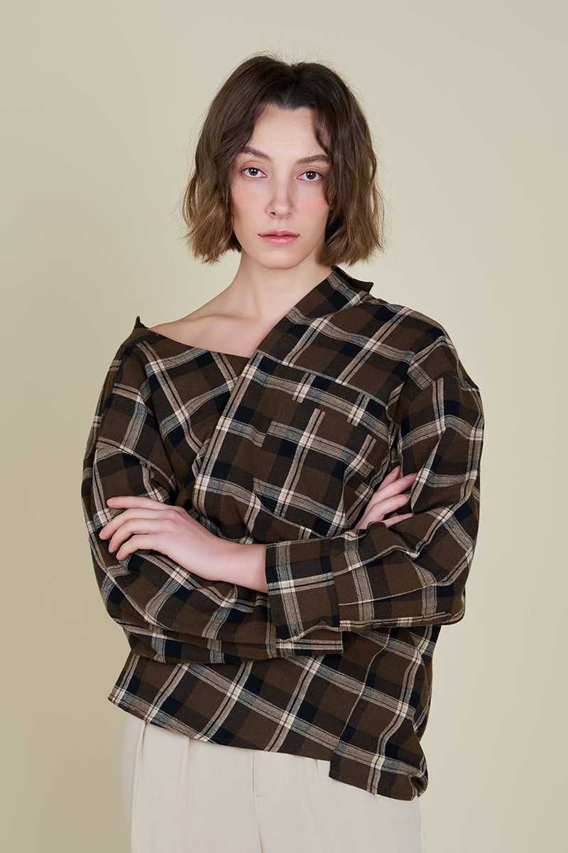 Unbalanced Off The Shoulder Plaid Shirt in Chocolate