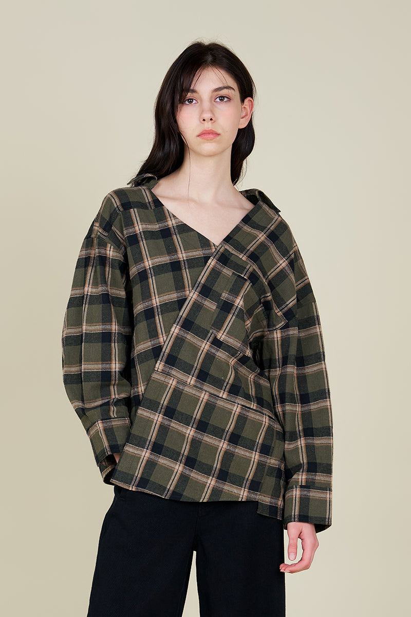 Unbalanced Off The Shoulder Plaid Shirt in Dusty Olive