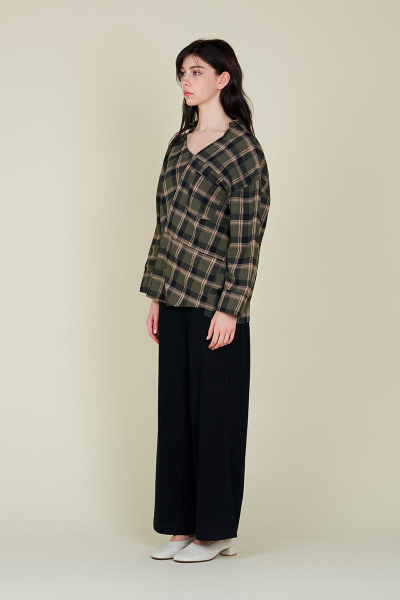 Unbalanced Off The Shoulder Plaid Shirt in Dusty Olive