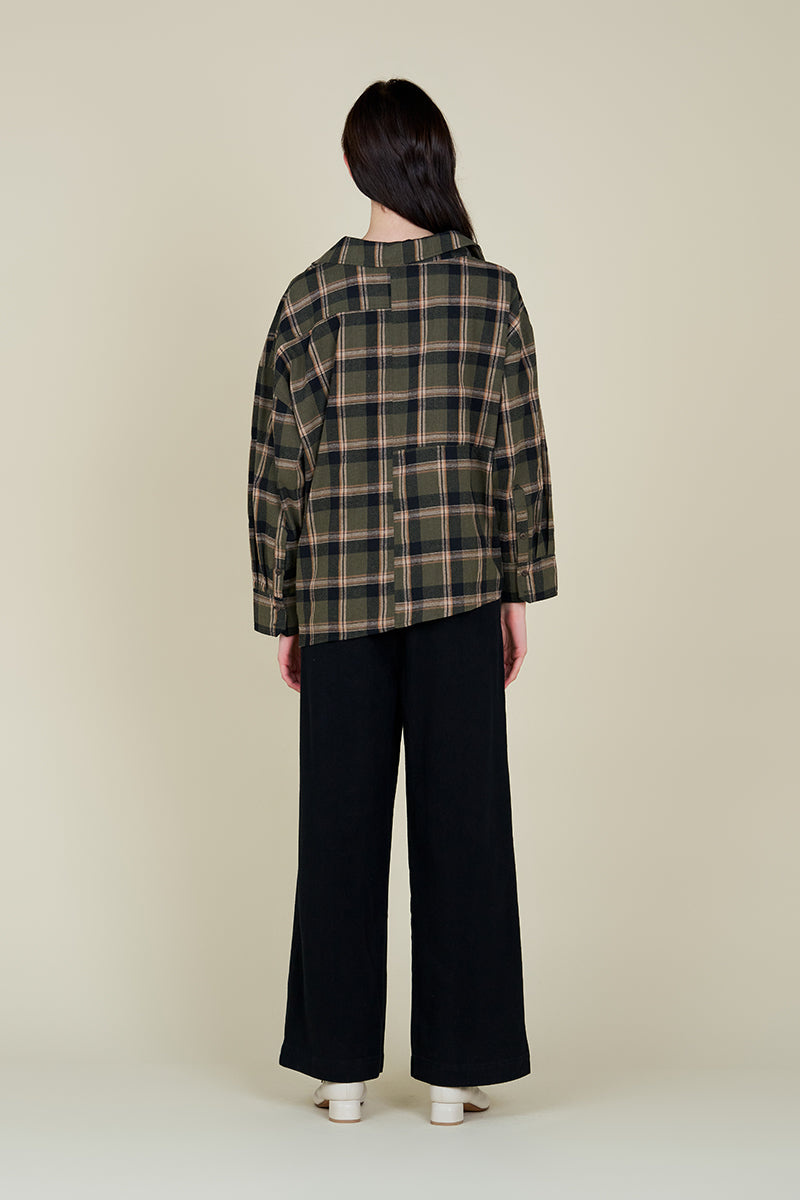Unbalanced Off The Shoulder Plaid Shirt in Dusty Olive