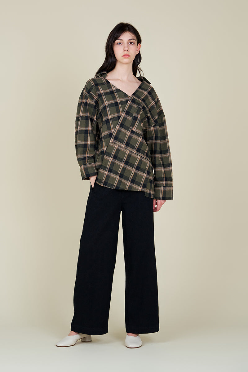 Unbalanced Off The Shoulder Plaid Shirt in Dusty Olive