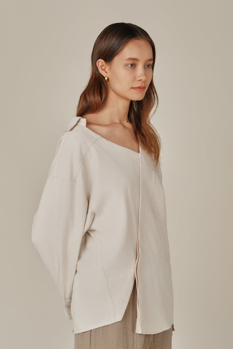 Unbalanced Off The Shoulder Twill Shirt