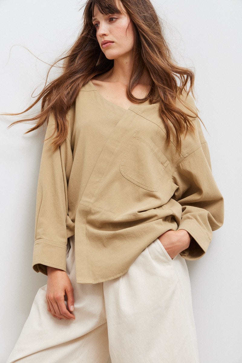 Unbalanced Off The Shoulder Twill Shirt