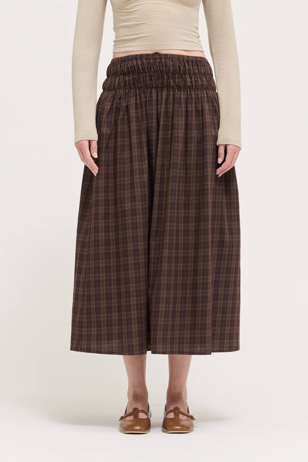 Plaid Smocked Skirt in Deep Bark