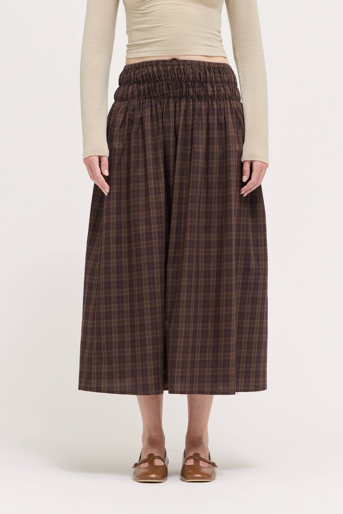 Plaid Smocked Skirt in Deep Bark