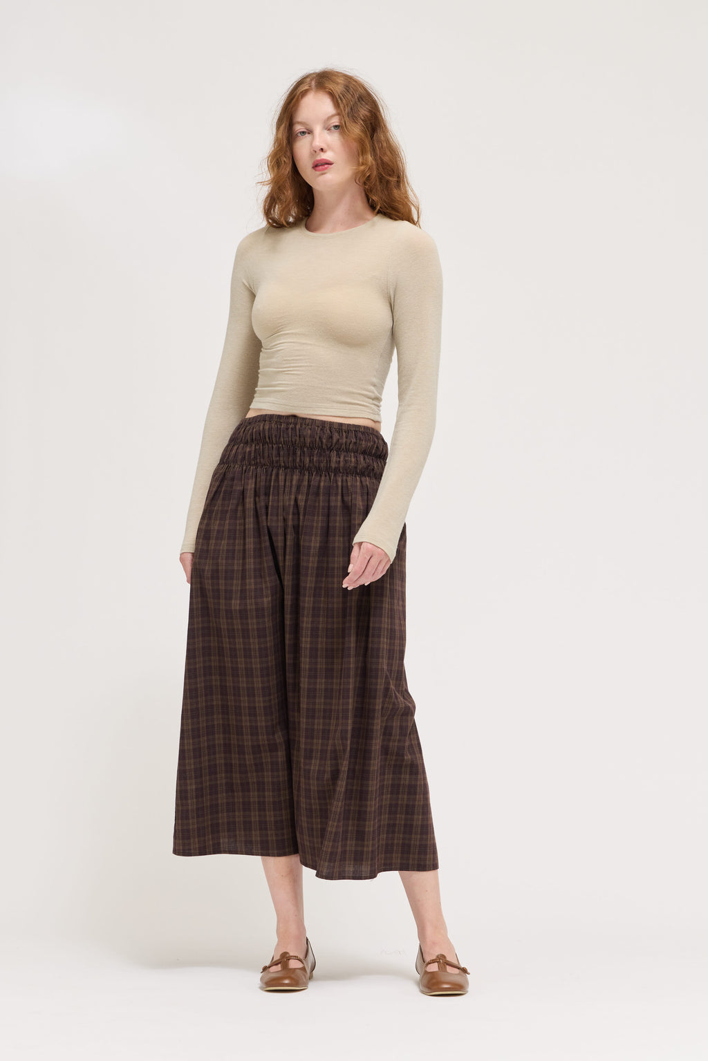 Plaid Smocked Skirt in Deep Bark