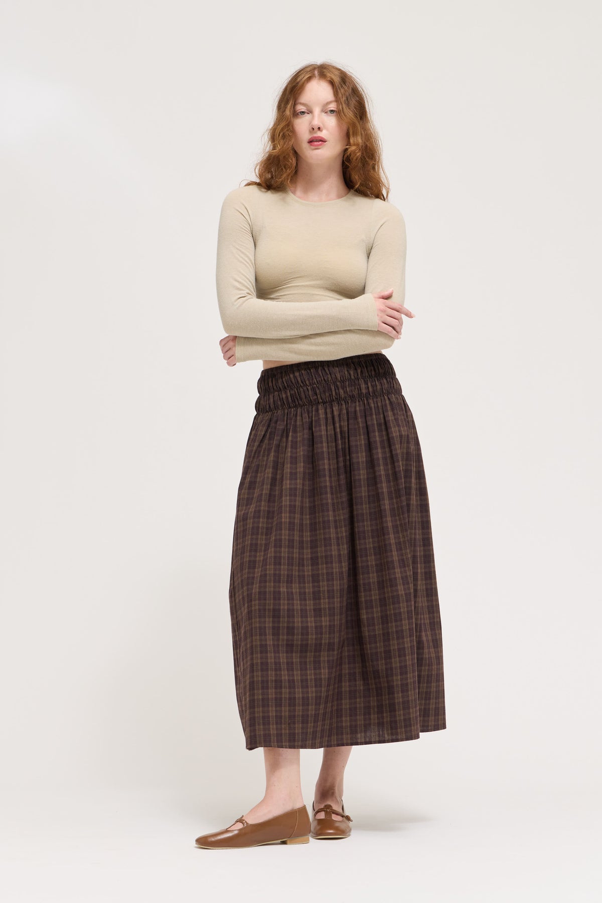 Plaid Smocked Skirt in Deep Bark