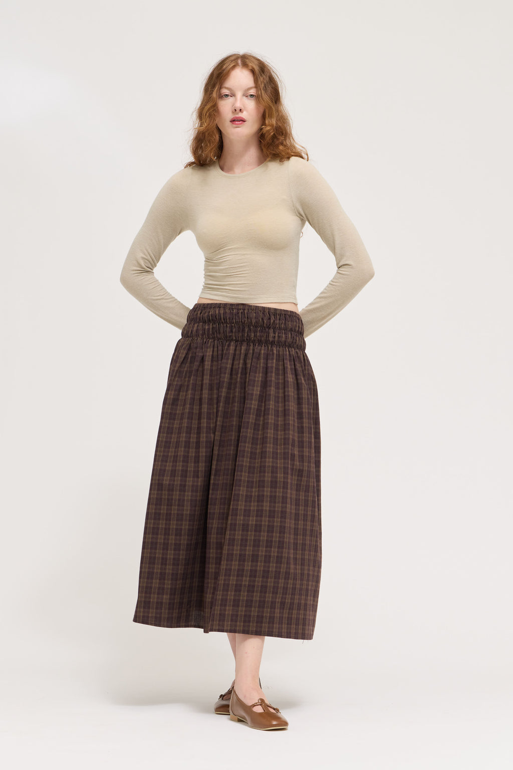 Plaid Smocked Skirt in Deep Bark