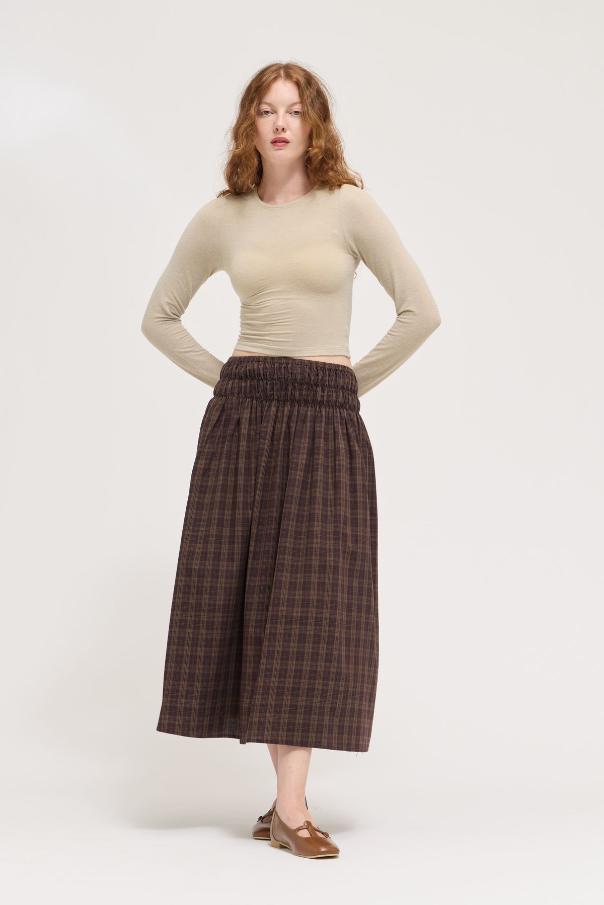 Plaid Smocked Skirt in Deep Bark