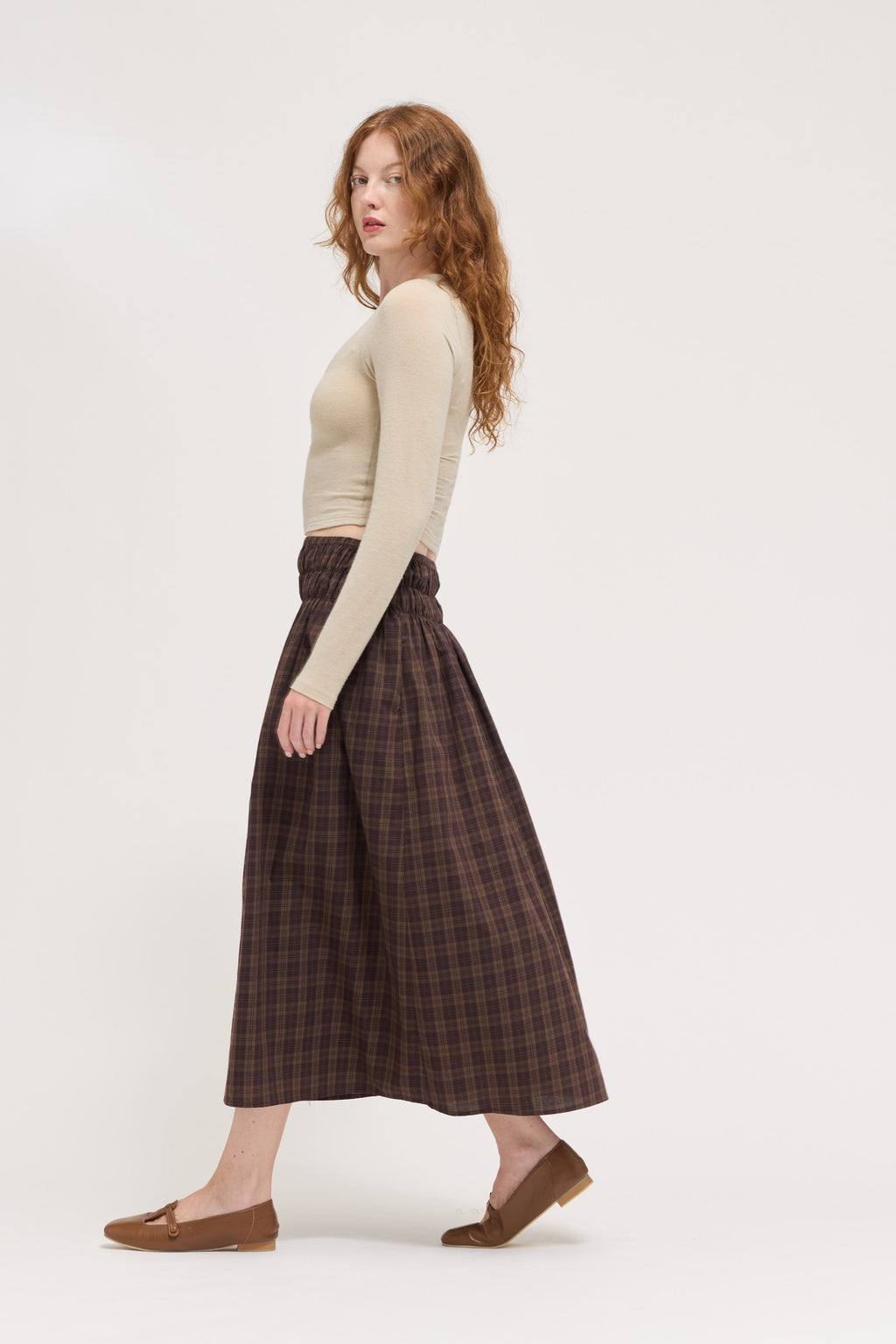 Plaid Smocked Skirt in Deep Bark