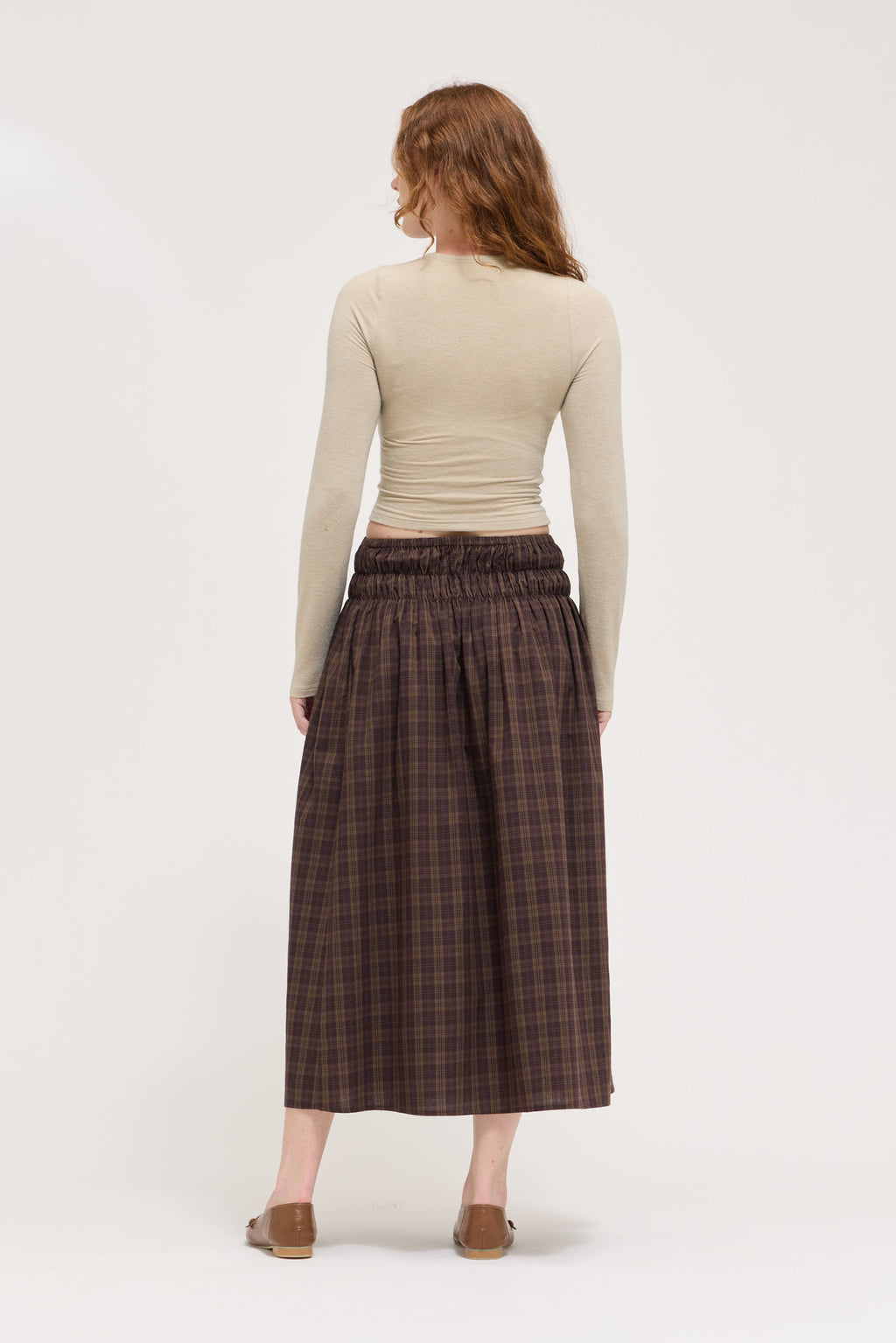 Plaid Smocked Skirt in Deep Bark