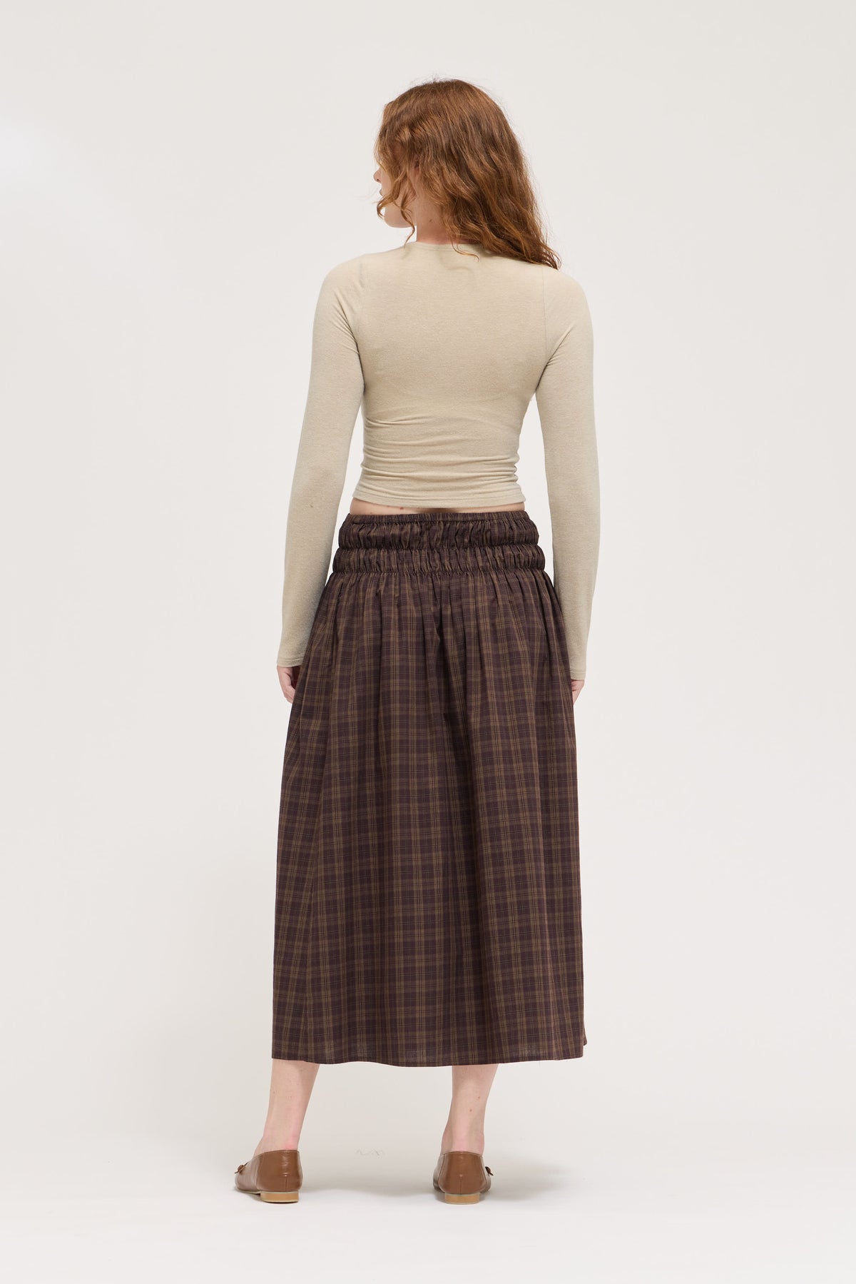 Plaid Smocked Skirt in Deep Bark