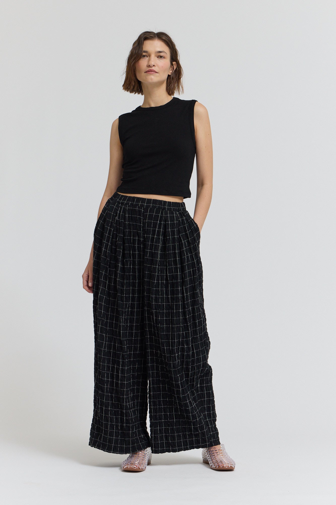 Check Print Gauze Pants in Black