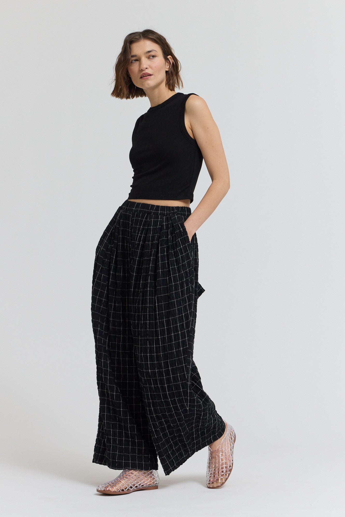 Check Print Gauze Pants in Black