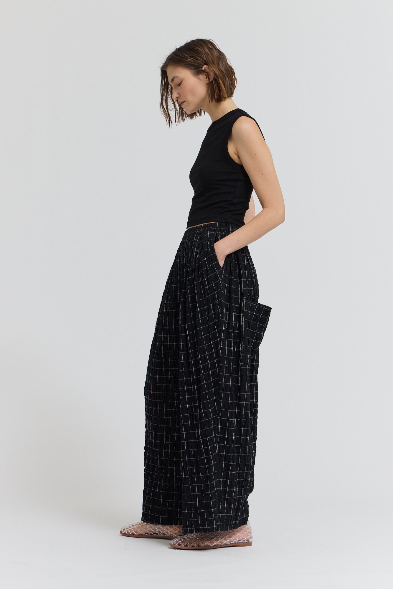 Check Print Gauze Pants in Black