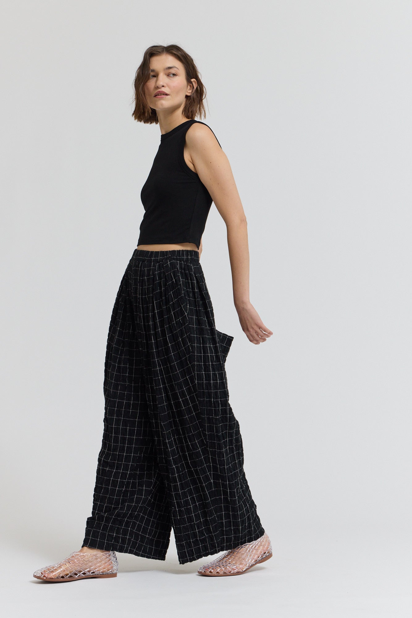 Check Print Gauze Pants in Black