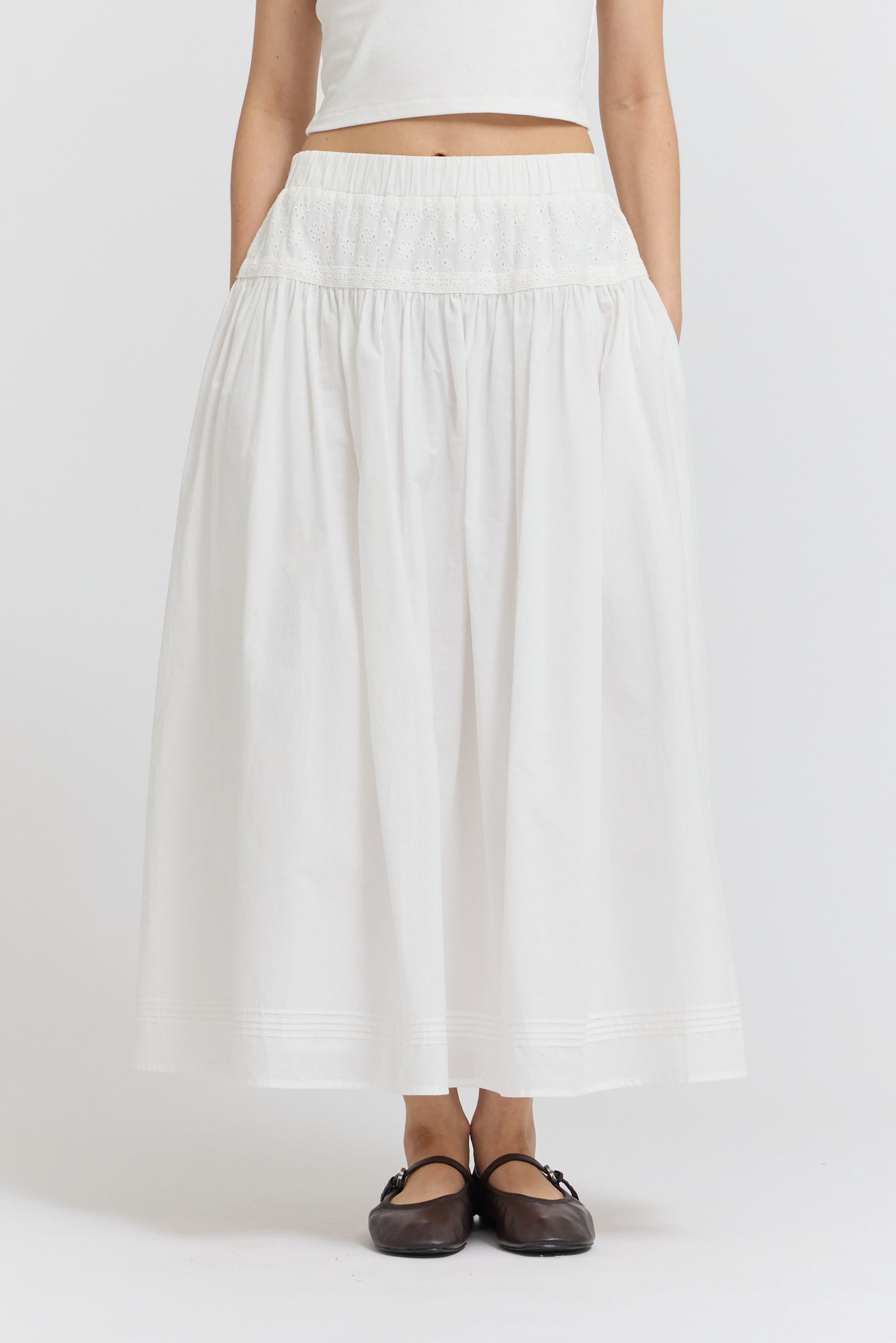 Pintuck Detailed Midi Skirt in Off White