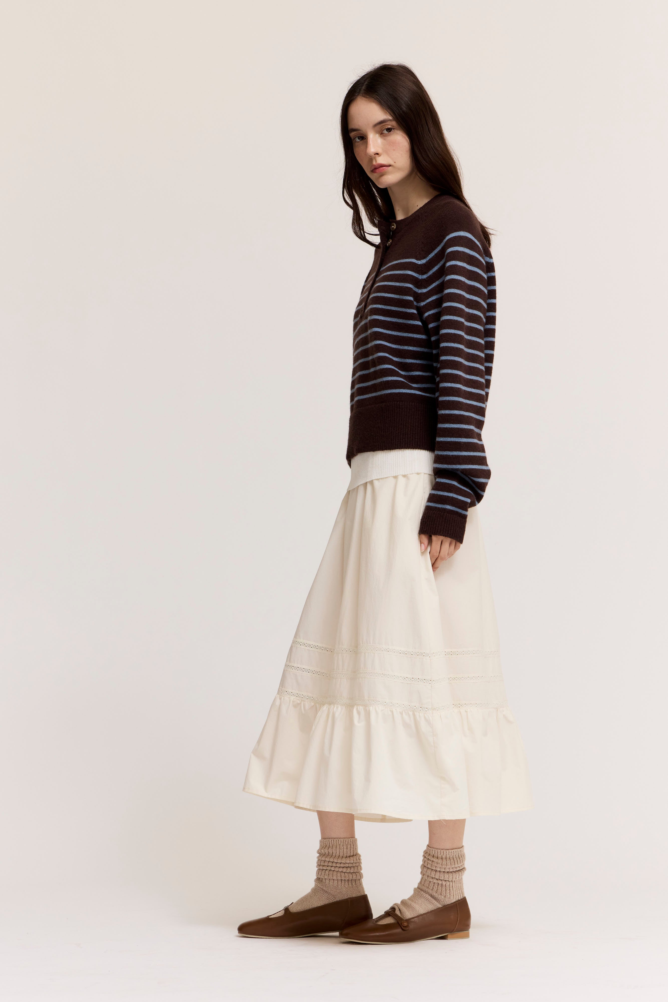 Pleat Trim Cotton Skirt in Soy