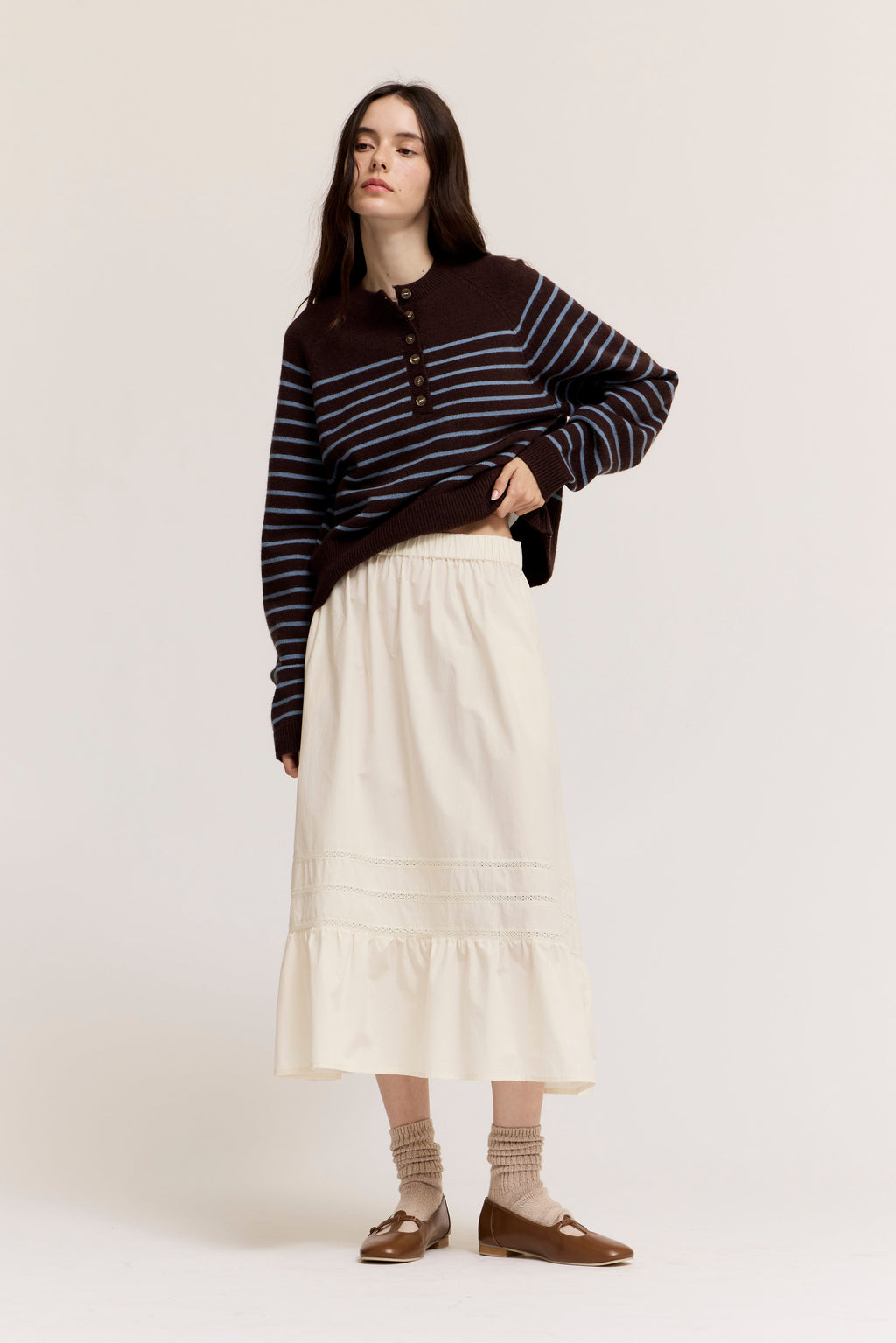 Pleat Trim Cotton Skirt in Soy