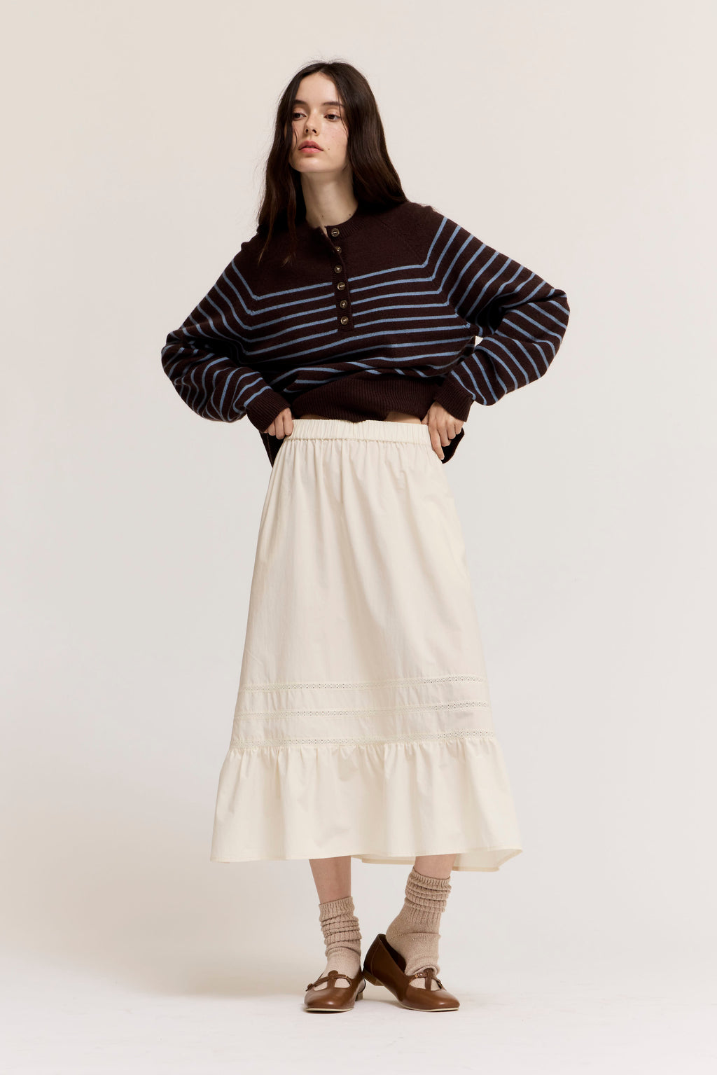Pleat Trim Cotton Skirt in Soy