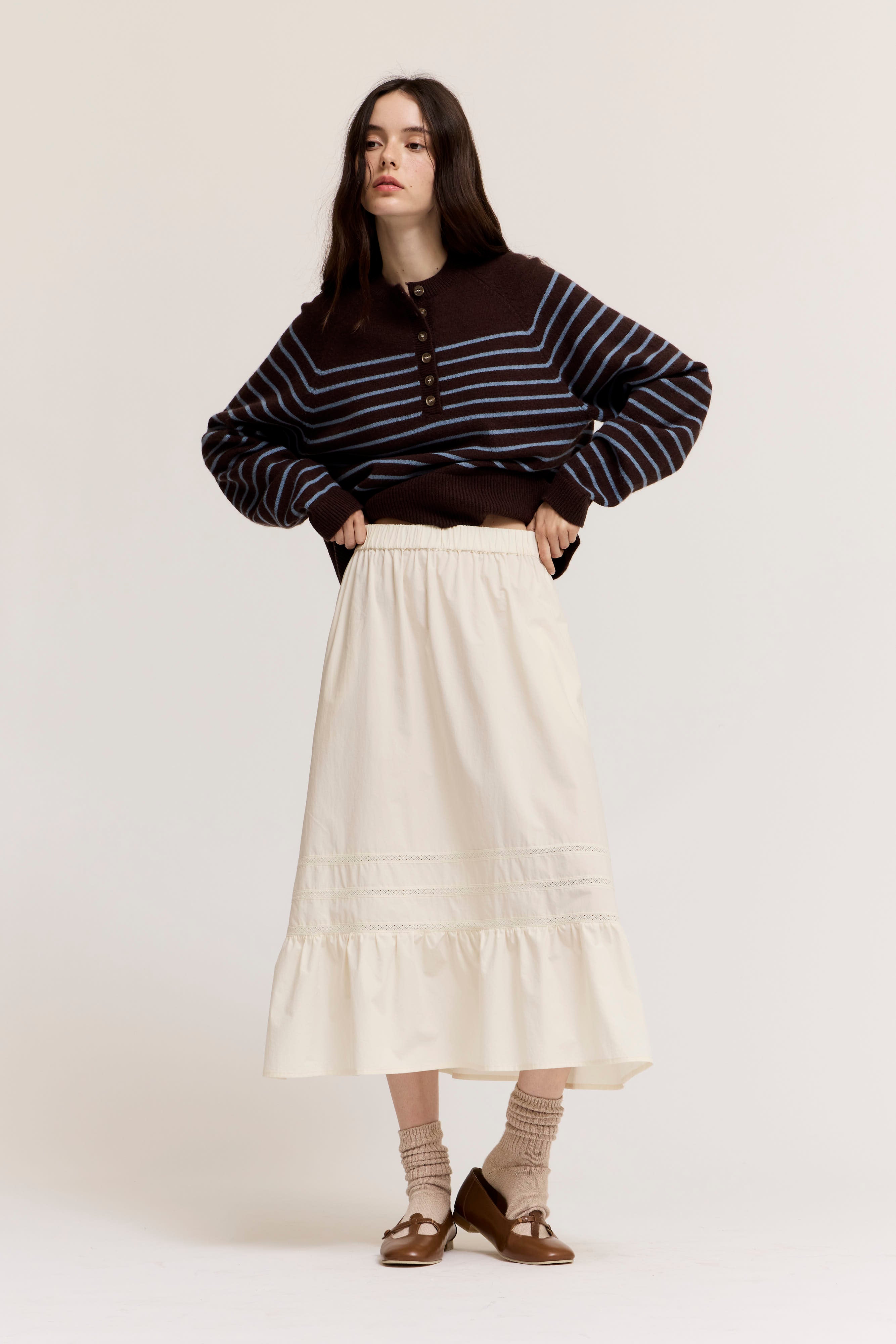Pleat Trim Cotton Skirt in Soy