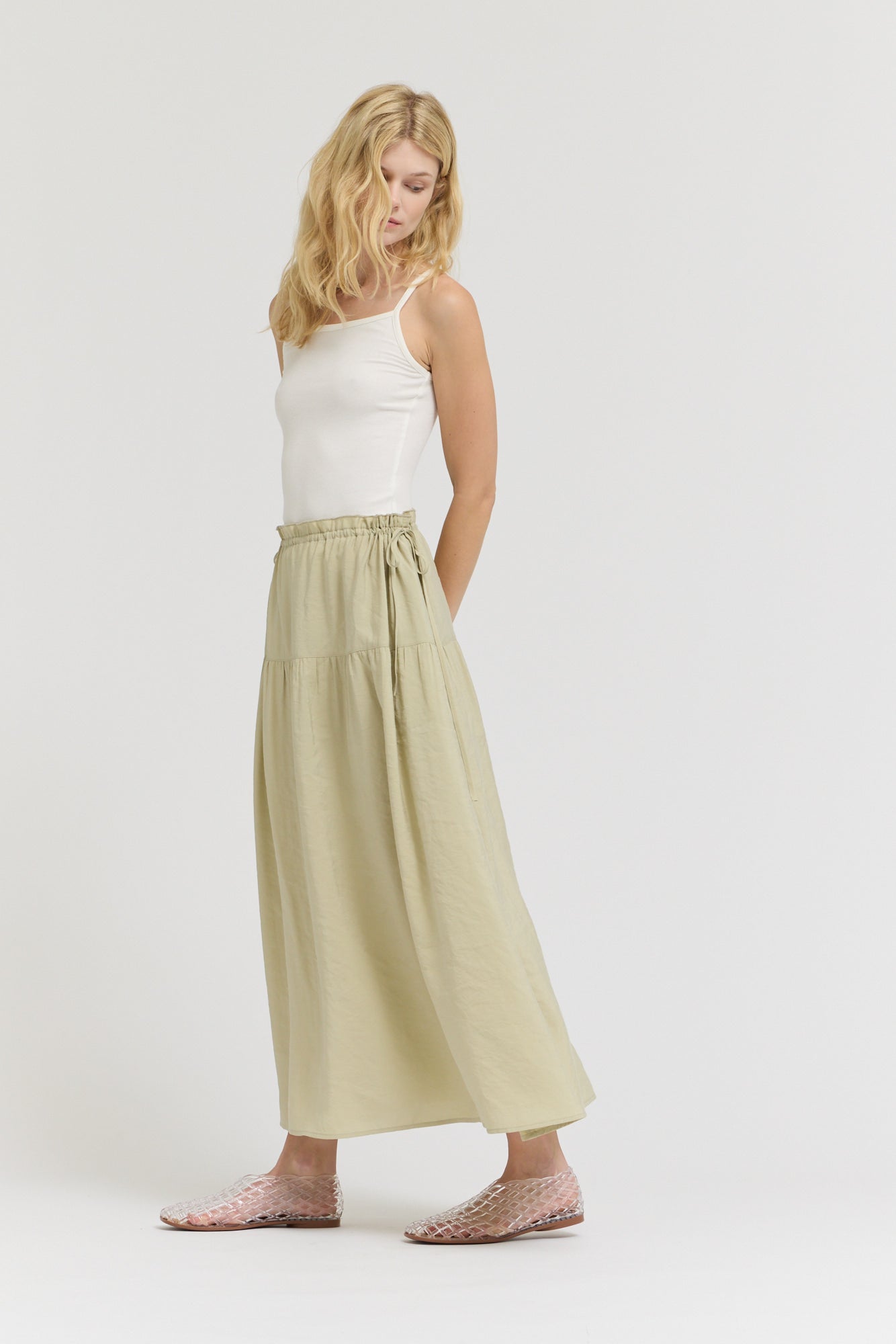 Drawstring Waist Skirt in Sage Brush