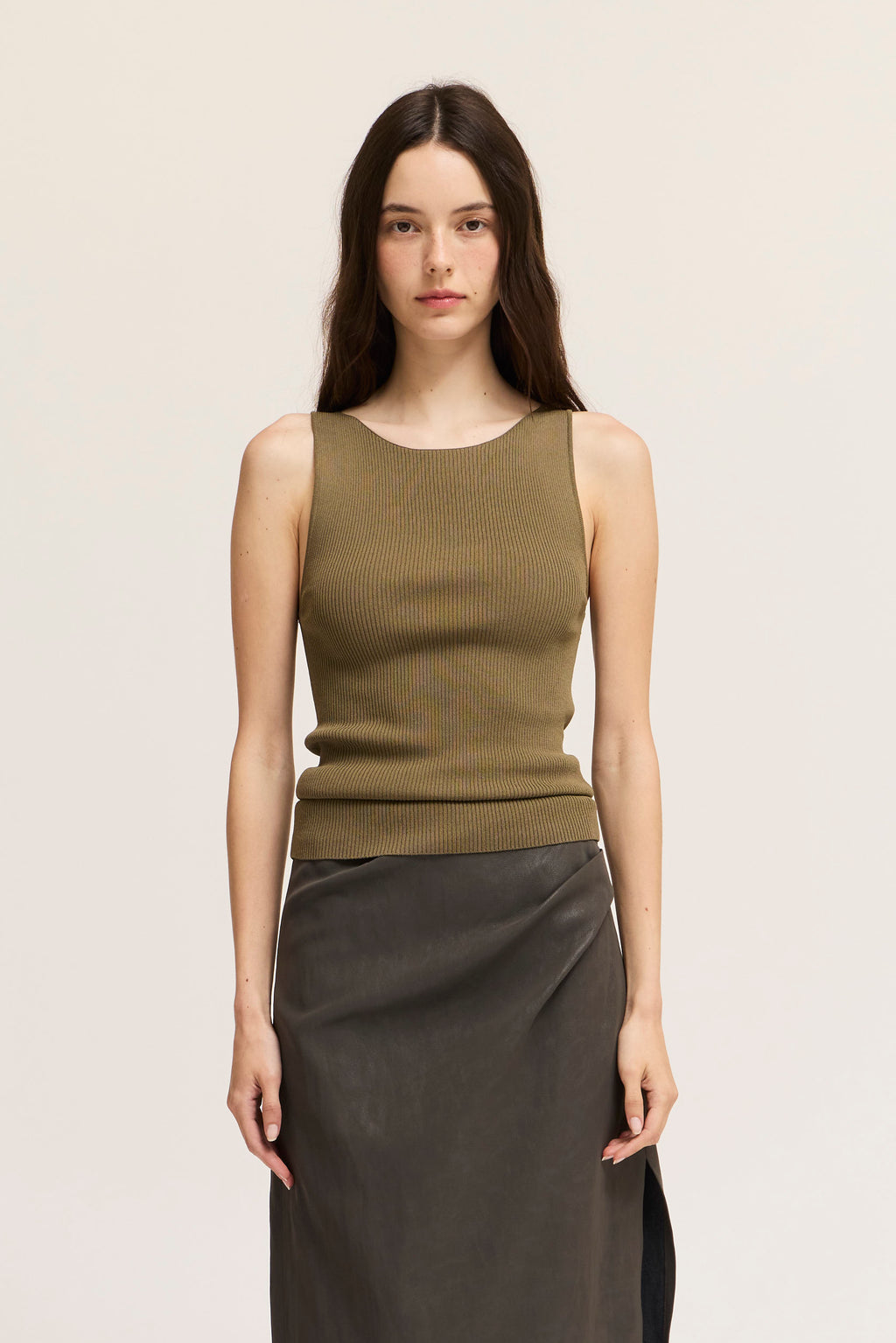 Boat Neck Sleeveless Sweater Top in Dry Thyme