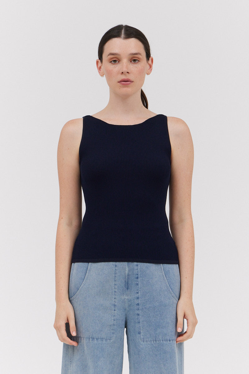 Boat Neck Sleeveless Sweater Top in Ink