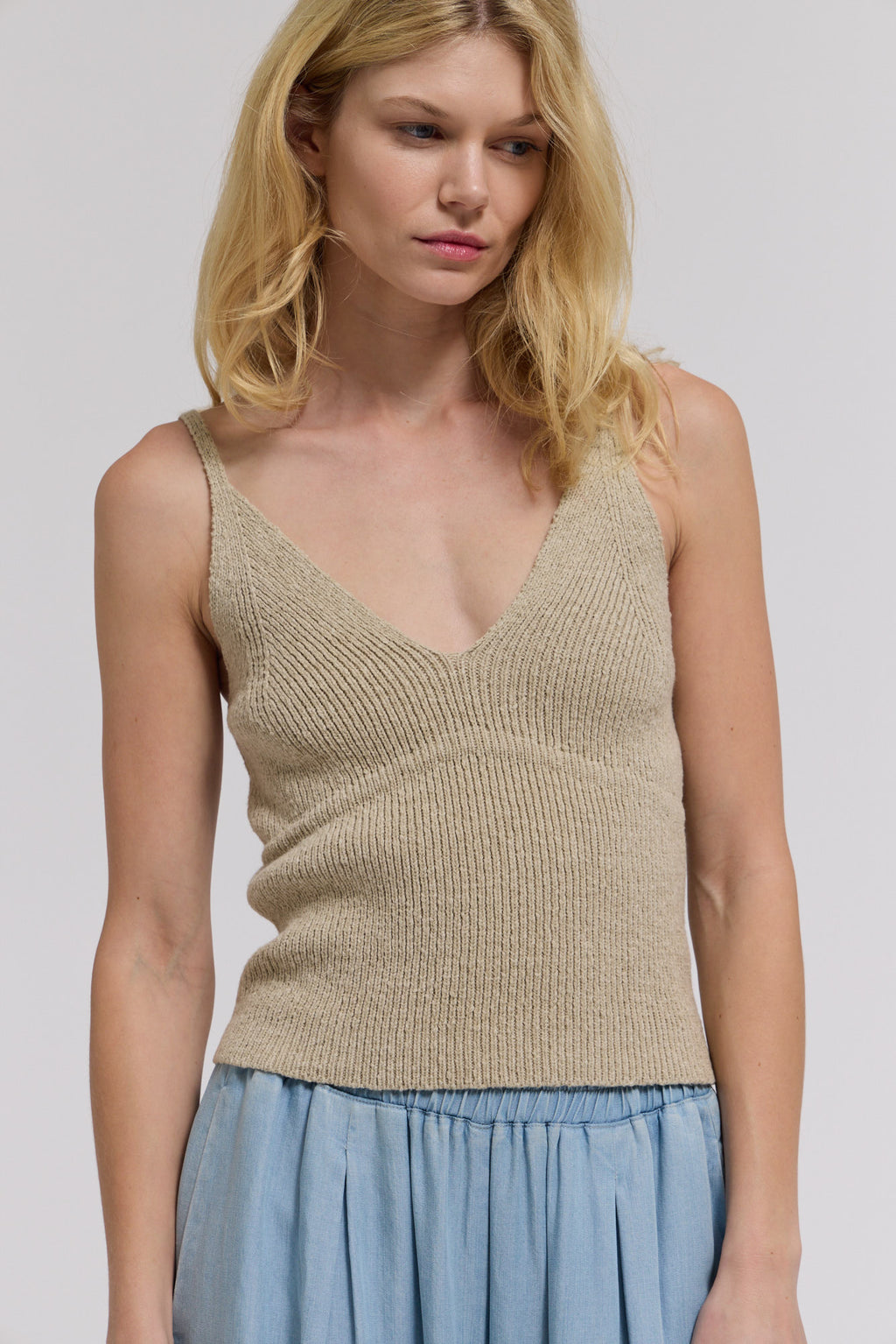 V Neck Crop Knit Top in Thyme