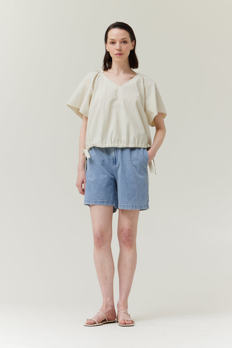 Striped Side Ribbon Tie V-Neck Short Shirt