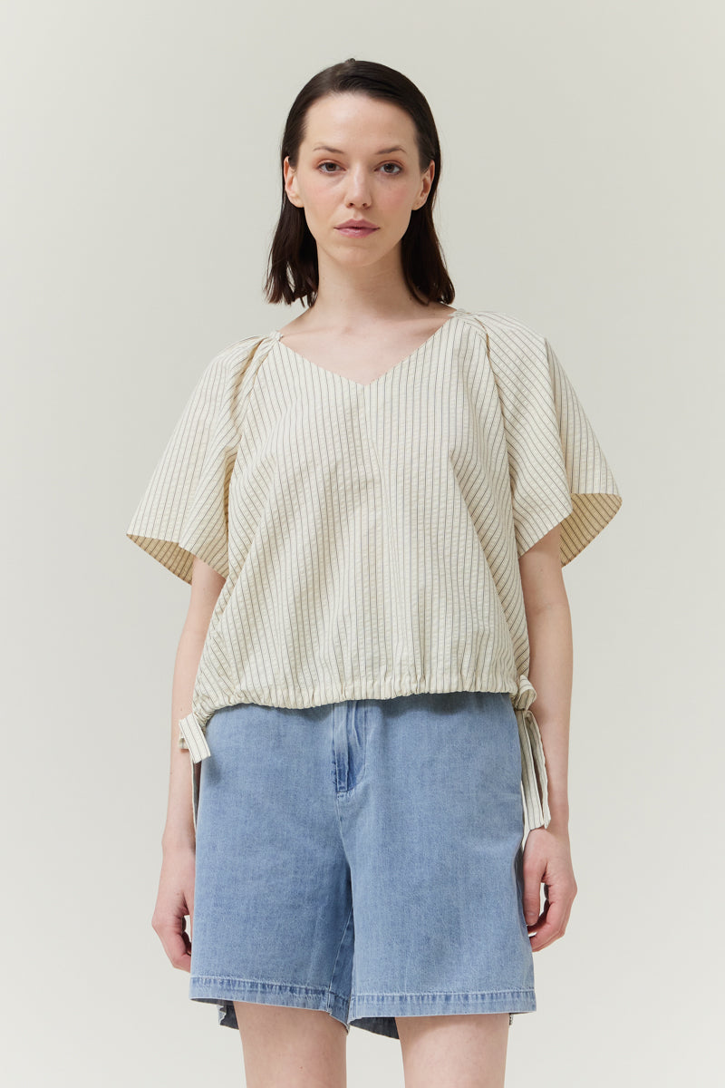 Striped Side Ribbon Tie V-Neck Short Shirt