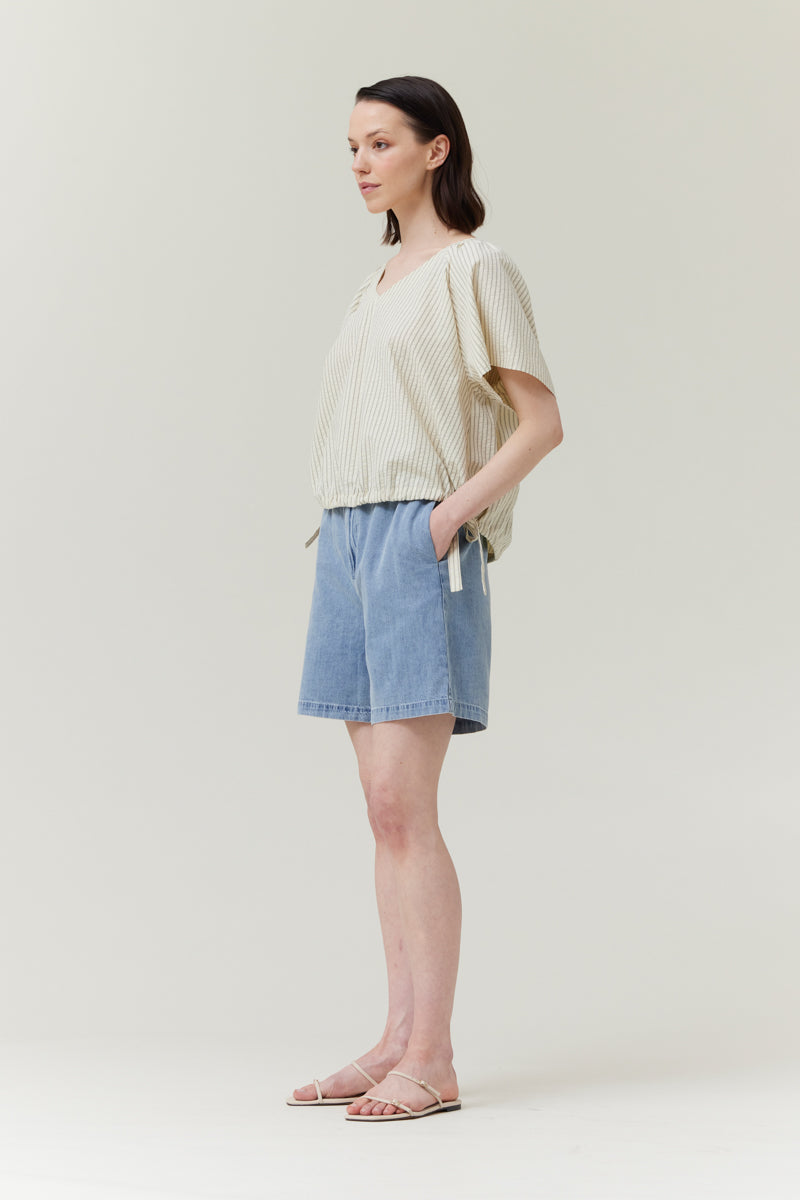 Striped Side Ribbon Tie V-Neck Short Shirt