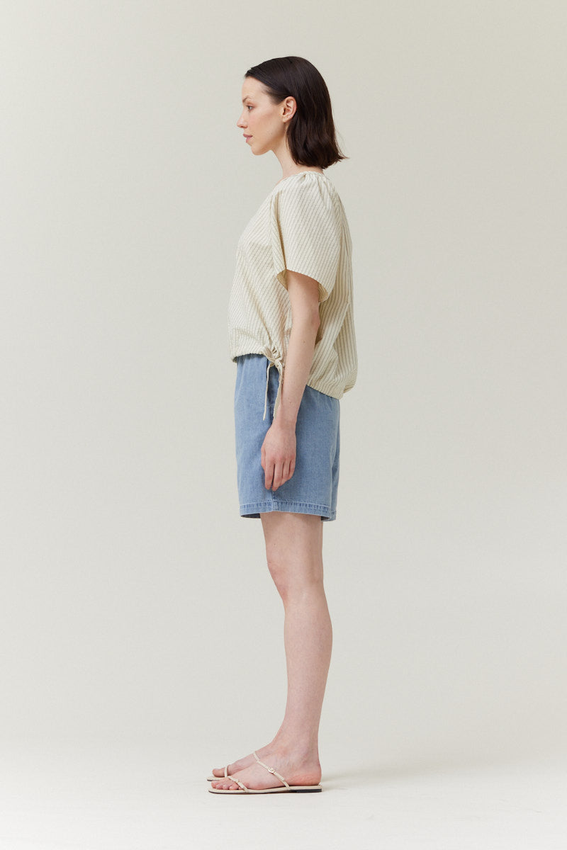 Striped Side Ribbon Tie V-Neck Short Shirt