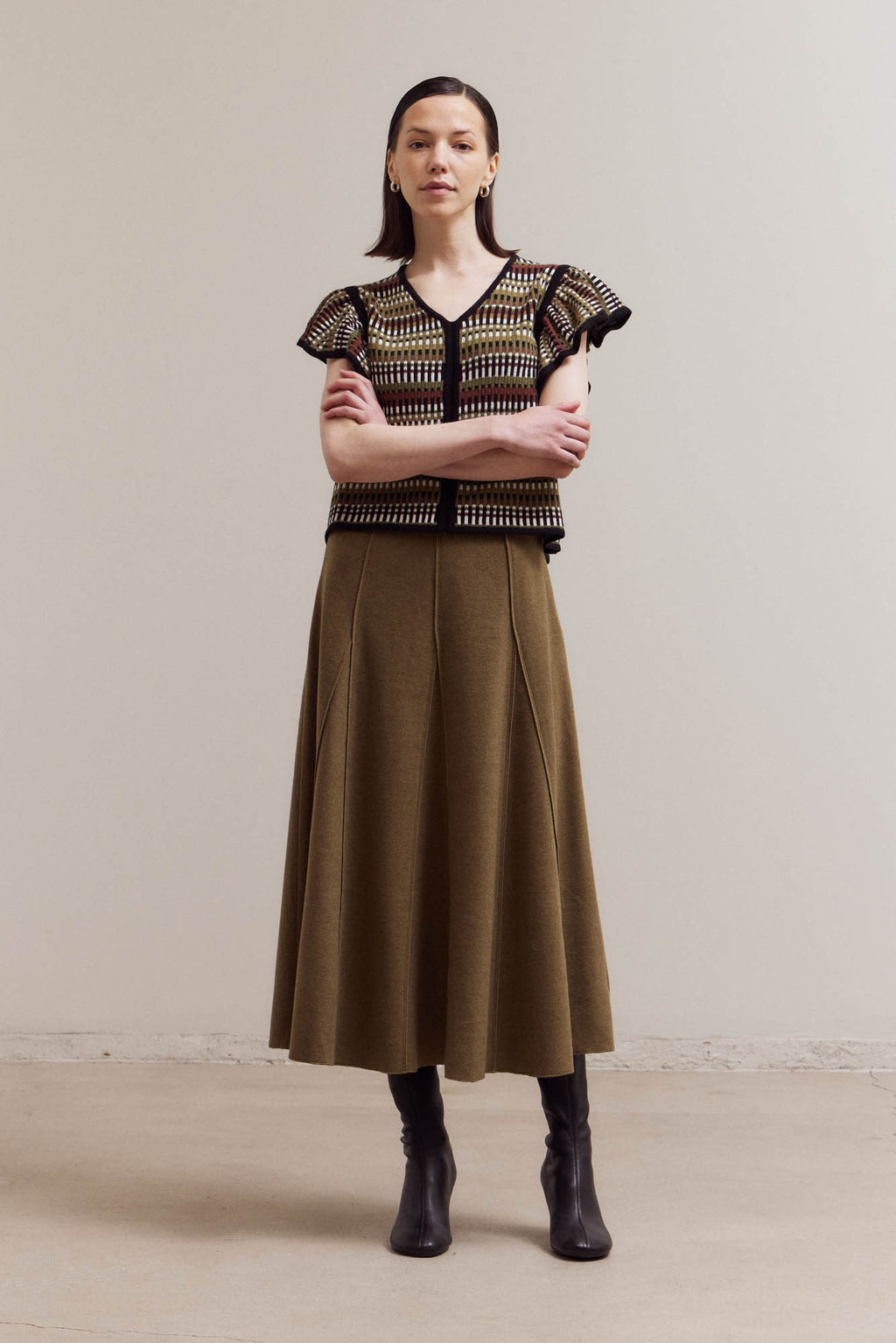 Mid Waist Knitted Pleats Skirt in Fatigue