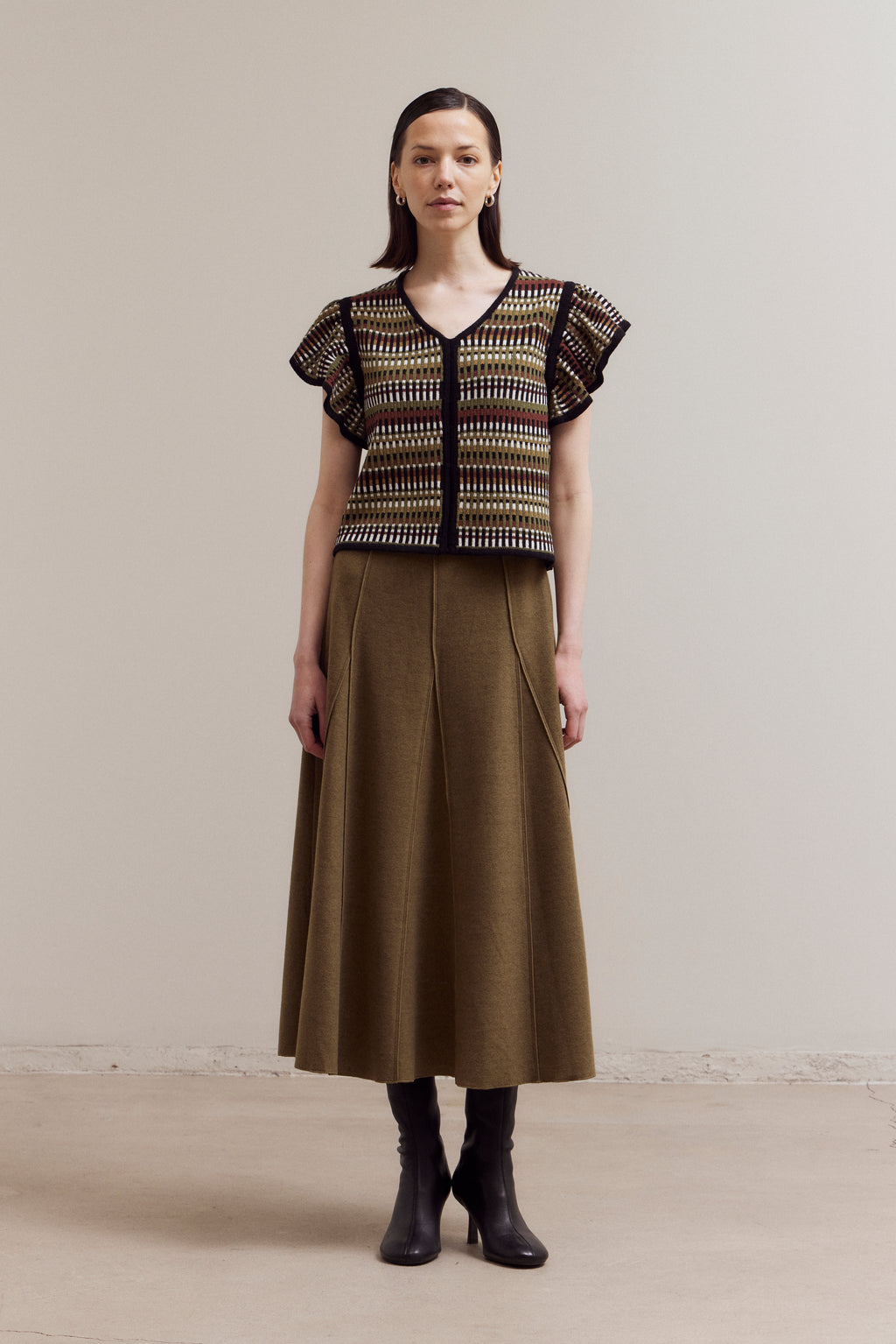 Mid Waist Knitted Pleats Skirt in Fatigue