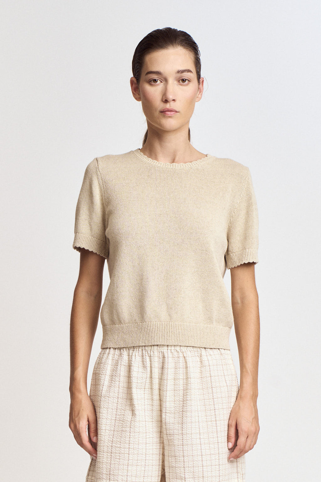 Cotton Linen Basic Sweater in Greige