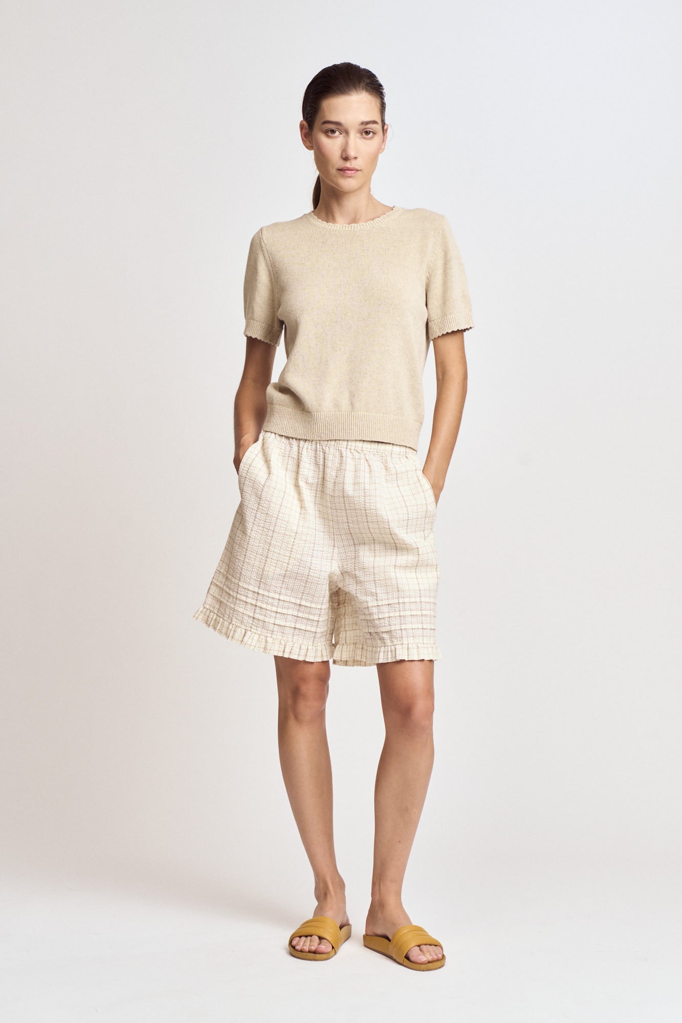 Cotton Linen Basic Sweater in Greige